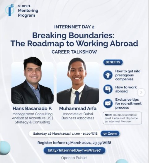 Internnet Day 2 career talkshow flyer, Breaking Boundaries: The Roadmap to Working Abroad, with Hans Basanado P. and Muhammad Arfa, March 16 2024