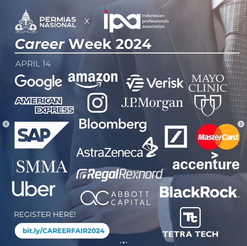 PERMIAS Nasional and Indonesian Professionals Association Career Week 2024 flyer, April 14, listing participating employers