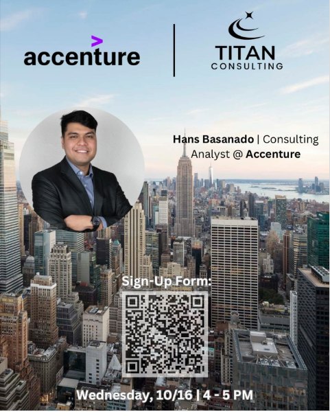 Accenture and Titan Consulting event flyer featuring Hans Basanado, Consulting Analyst at Accenture, Wednesday October 16, 4 to 5 PM