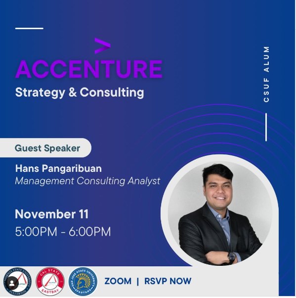 Accenture Strategy and Consulting guest speaker flyer, Hans Pangaribuan, Management Consulting Analyst, November 11, 5 to 6 PM on Zoom