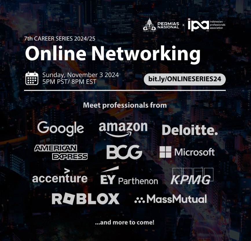 PERMIAS Nasional and Indonesian Professionals Association 7th Career Series Online Networking flyer, Sunday November 3 2024