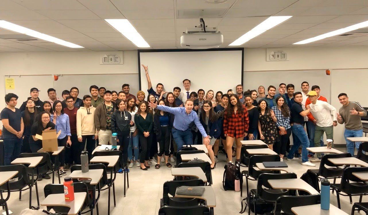 Large class group photo in a CSUF lecture room