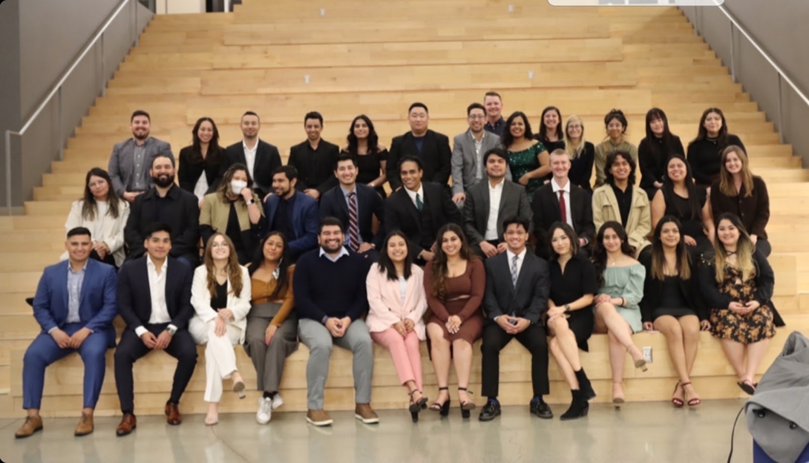 Large organization group photo on the Mihaylo College staircase