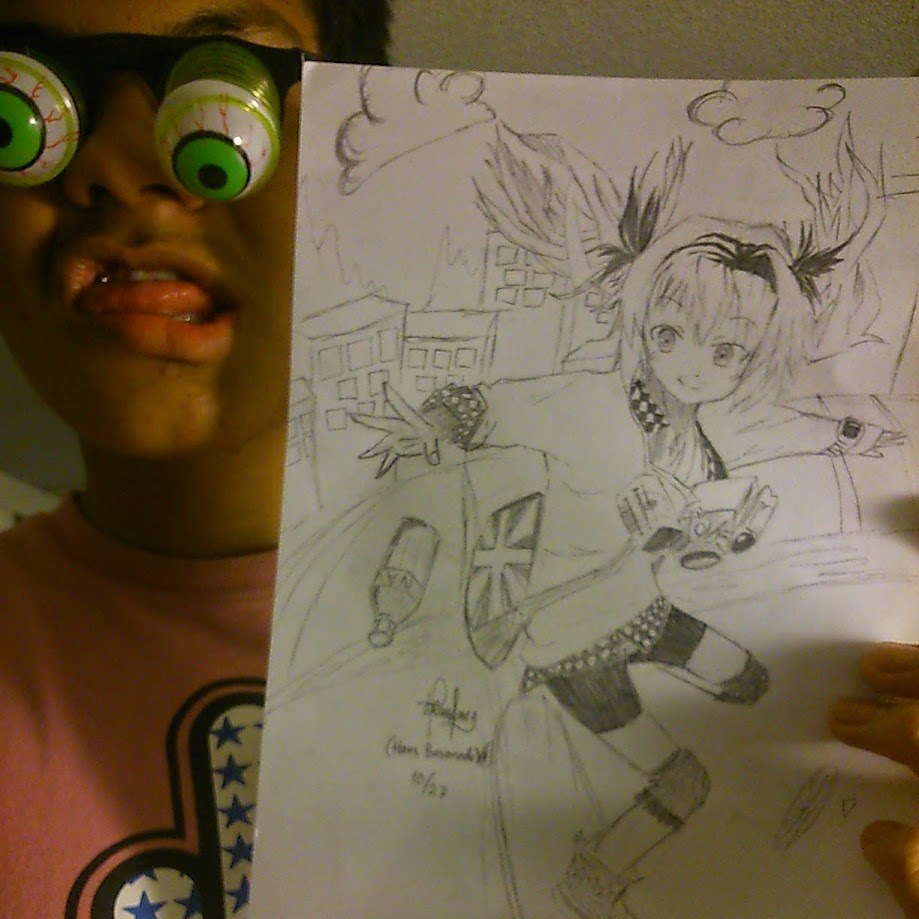 Holding up a finished pencil drawing of an anime character