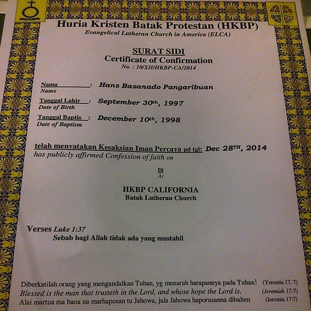 My confirmation certificate from HKBP California, dated December 2014