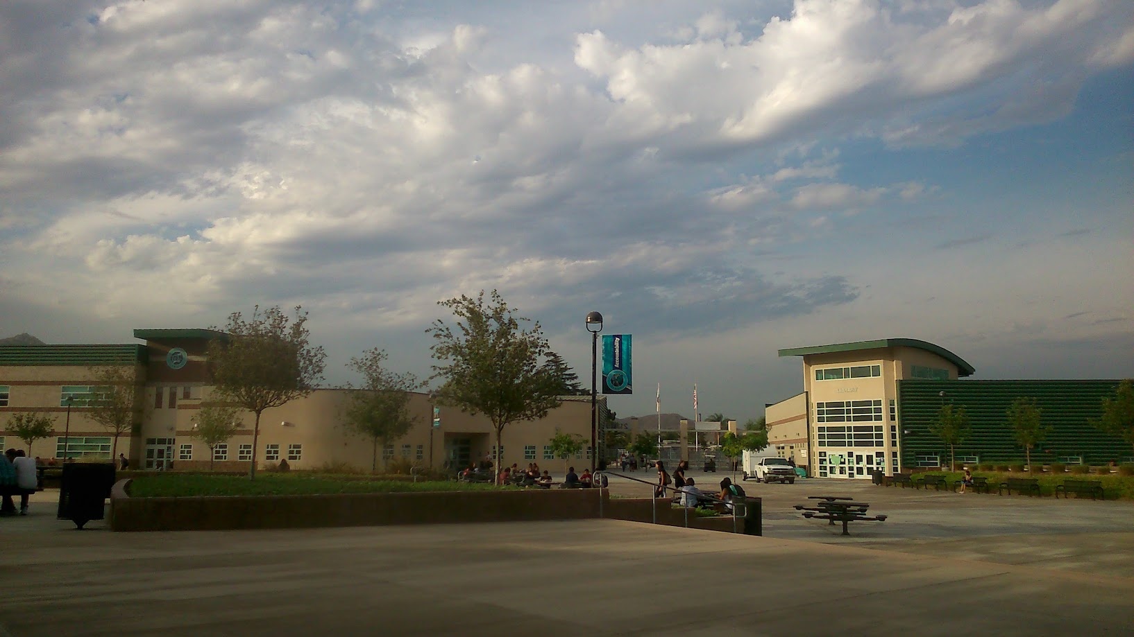 The high school quad on a cloudy afternoon