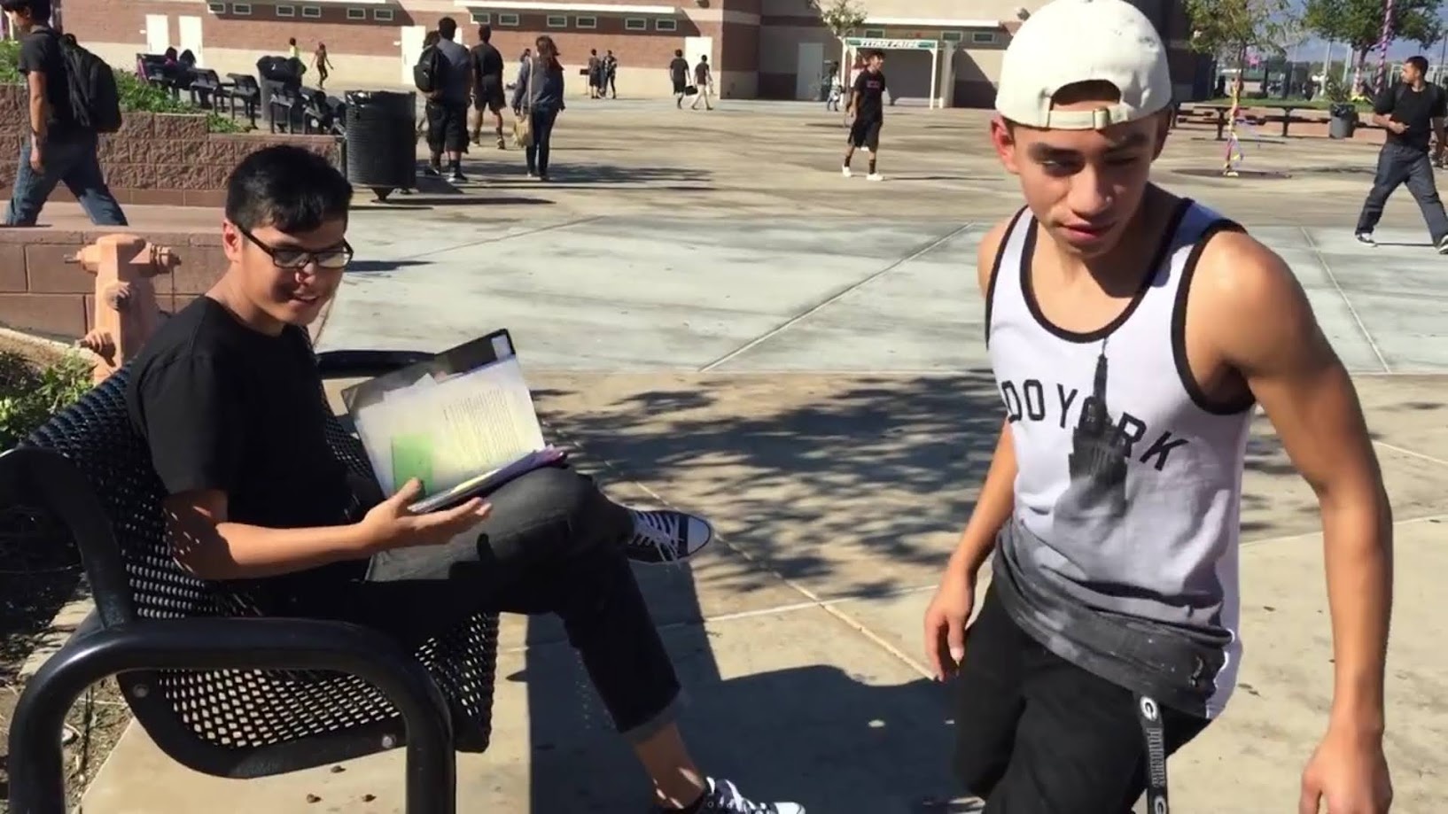 Two of us out on the school courtyard between classes