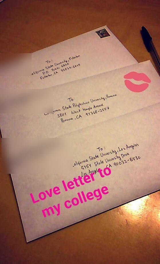 Three college application envelopes addressed to Cal State Fullerton, Cal Poly Pomona and Cal State LA