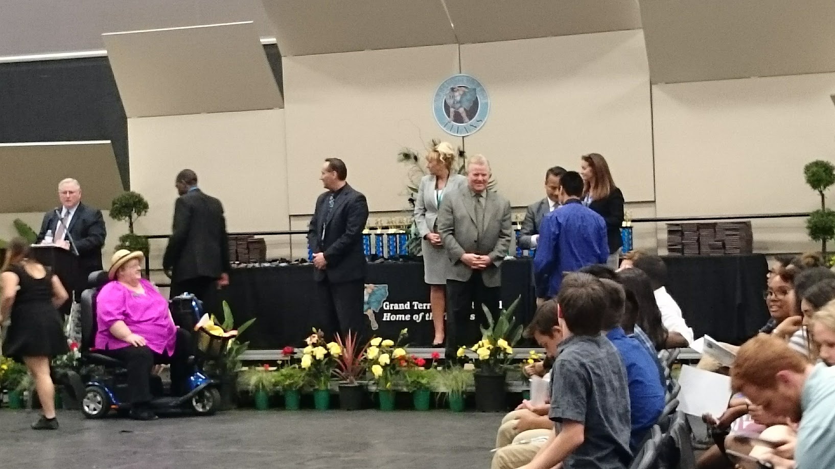 Awards ceremony on stage at Grand Terrace High School