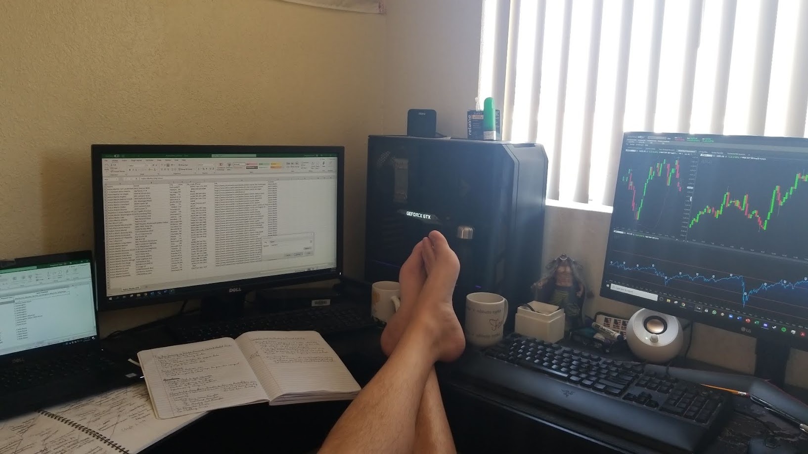 Feet up on the desk with a spreadsheet on one screen and charts on the other
