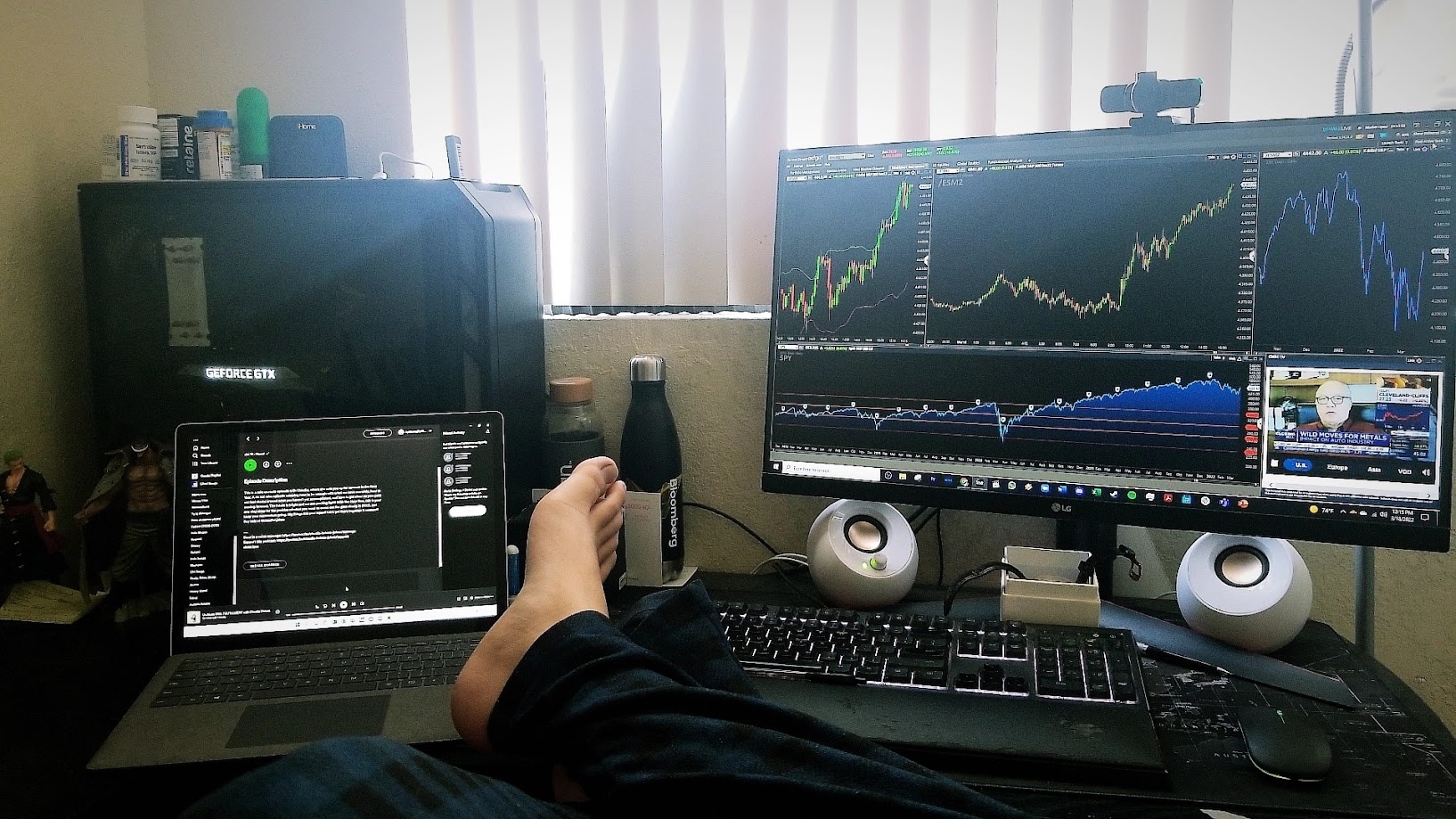Feet up at the desk with futures charts and business news running