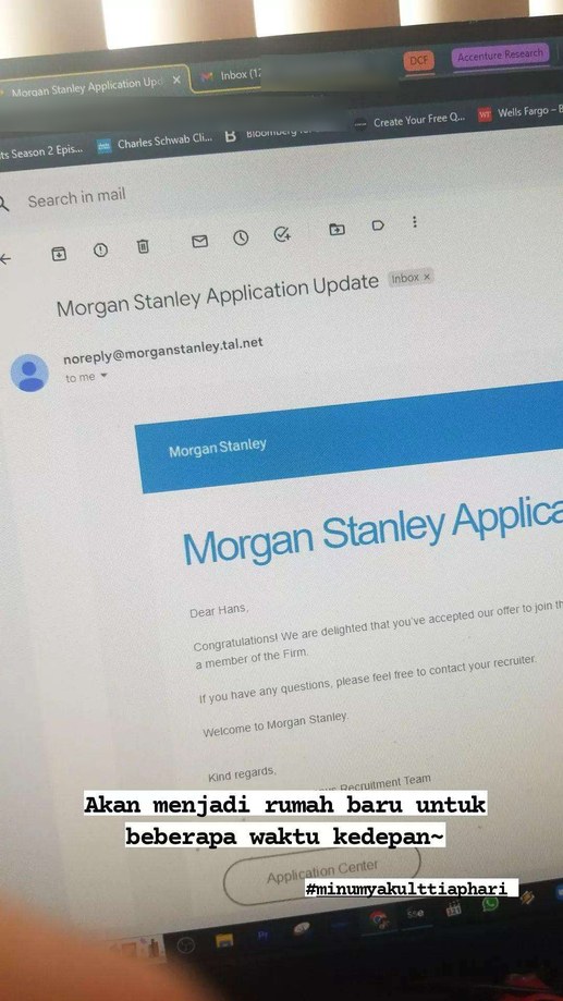 Email confirming I had accepted the Morgan Stanley offer, personal details redacted
