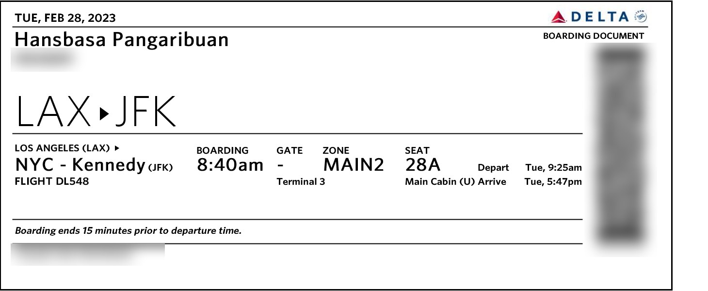 Delta boarding pass for the one way flight from LAX to JFK in February 2023, booking details redacted