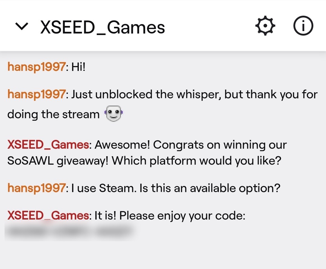 Chat with XSEED Games about winning their giveaway, the redemption code blurred out