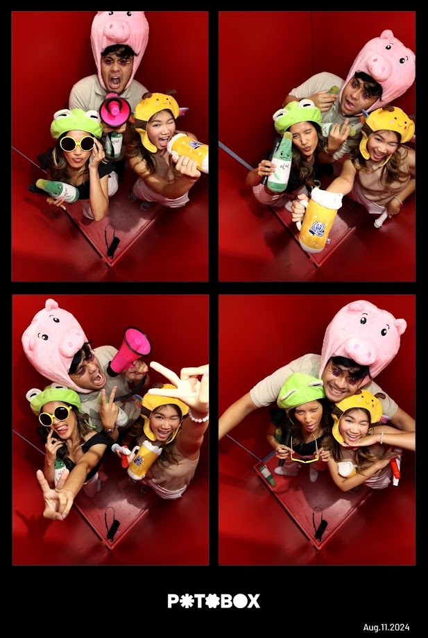 Four frames from a photo booth in August, everyone in animal hats