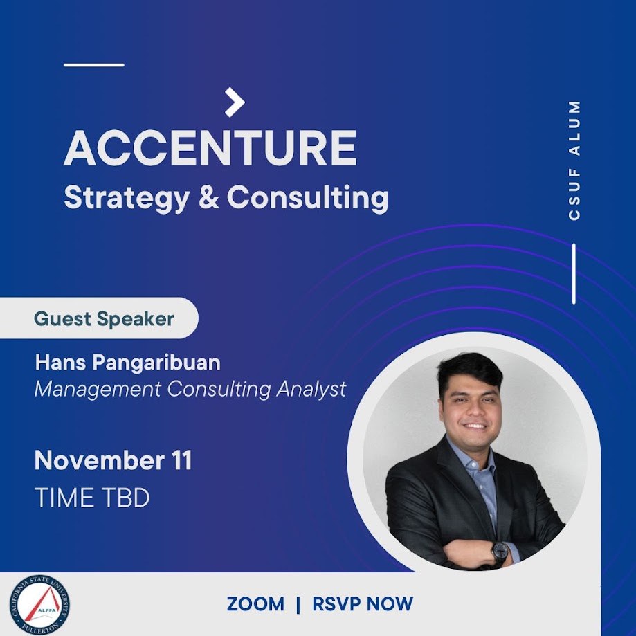 Flyer for the ALPFA guest speaker session, Accenture Strategy and Consulting, November 11