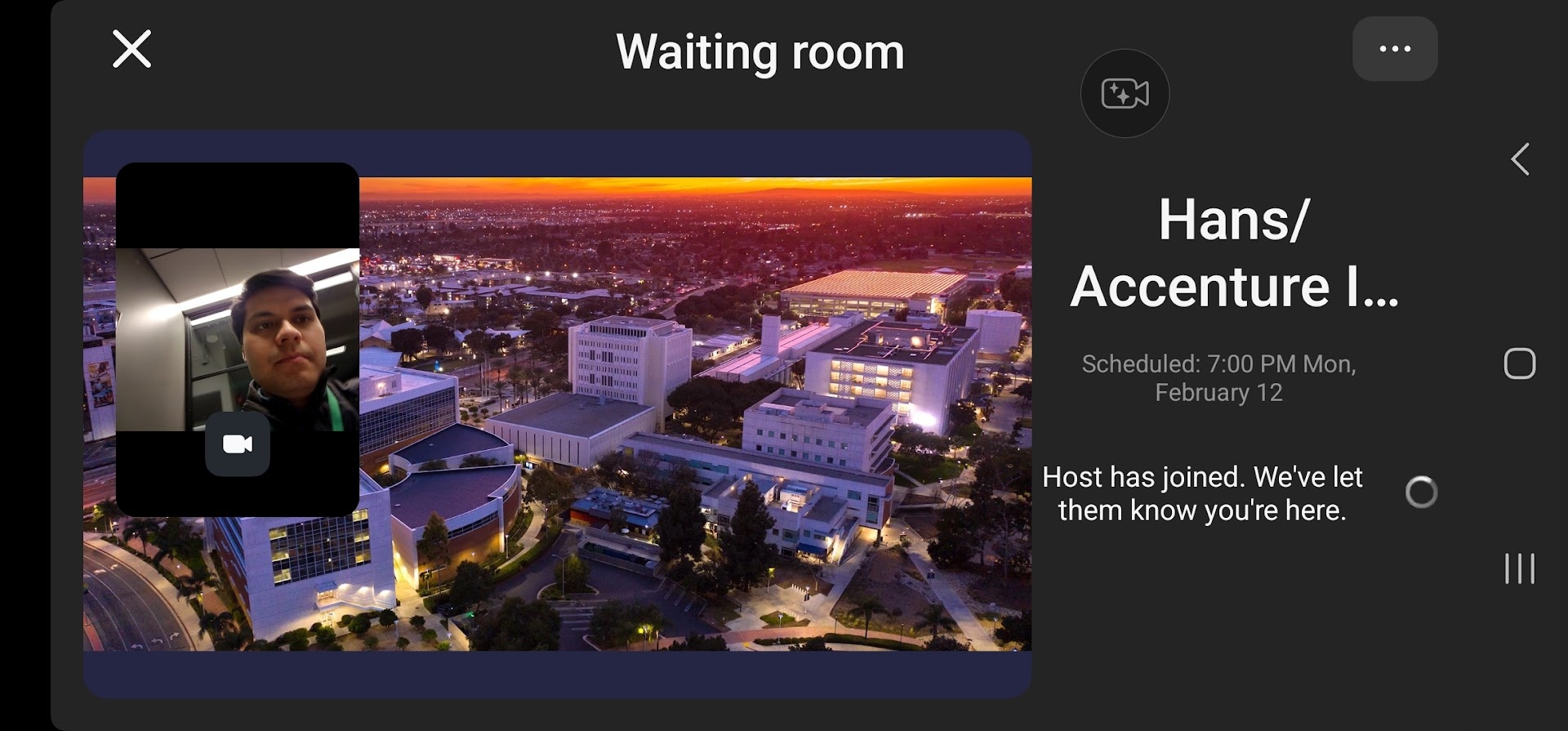 Zoom waiting room for the Accenture session, scheduled 7pm on 12 February