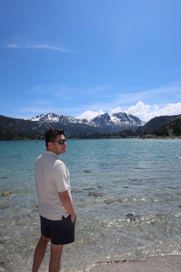 Looking back over my shoulder at the edge of June Lake, snow still on the peaks