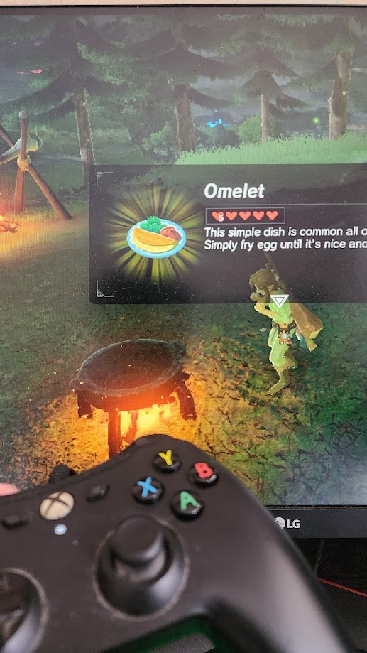 Cooking an omelet over a campfire in Breath of the Wild, controller in hand